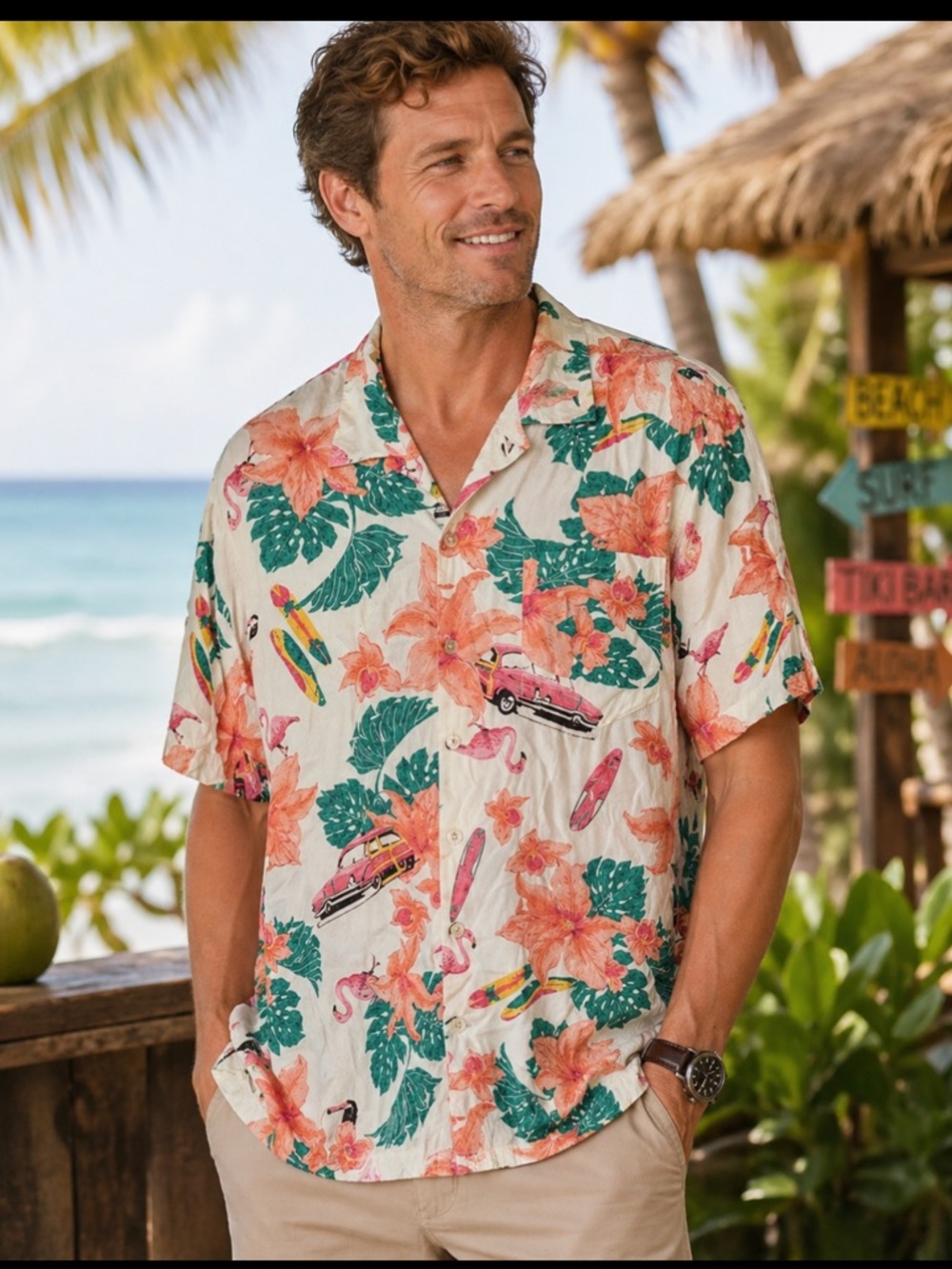 Hawaiian Mens Shirt KS Island flamingo Green Orange Floral Short Sleeve 4X